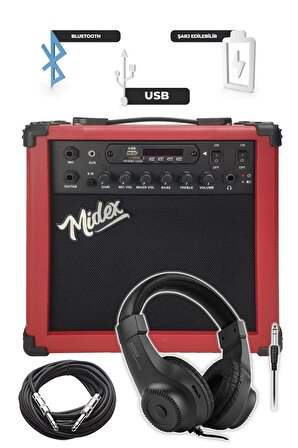 Midex MGA-25RD-HD Elektro Gitar Amfisi 25 Watt USB Bluetooth ve Şarjlı (Amfi Kulaklık ve Jack Kablo)